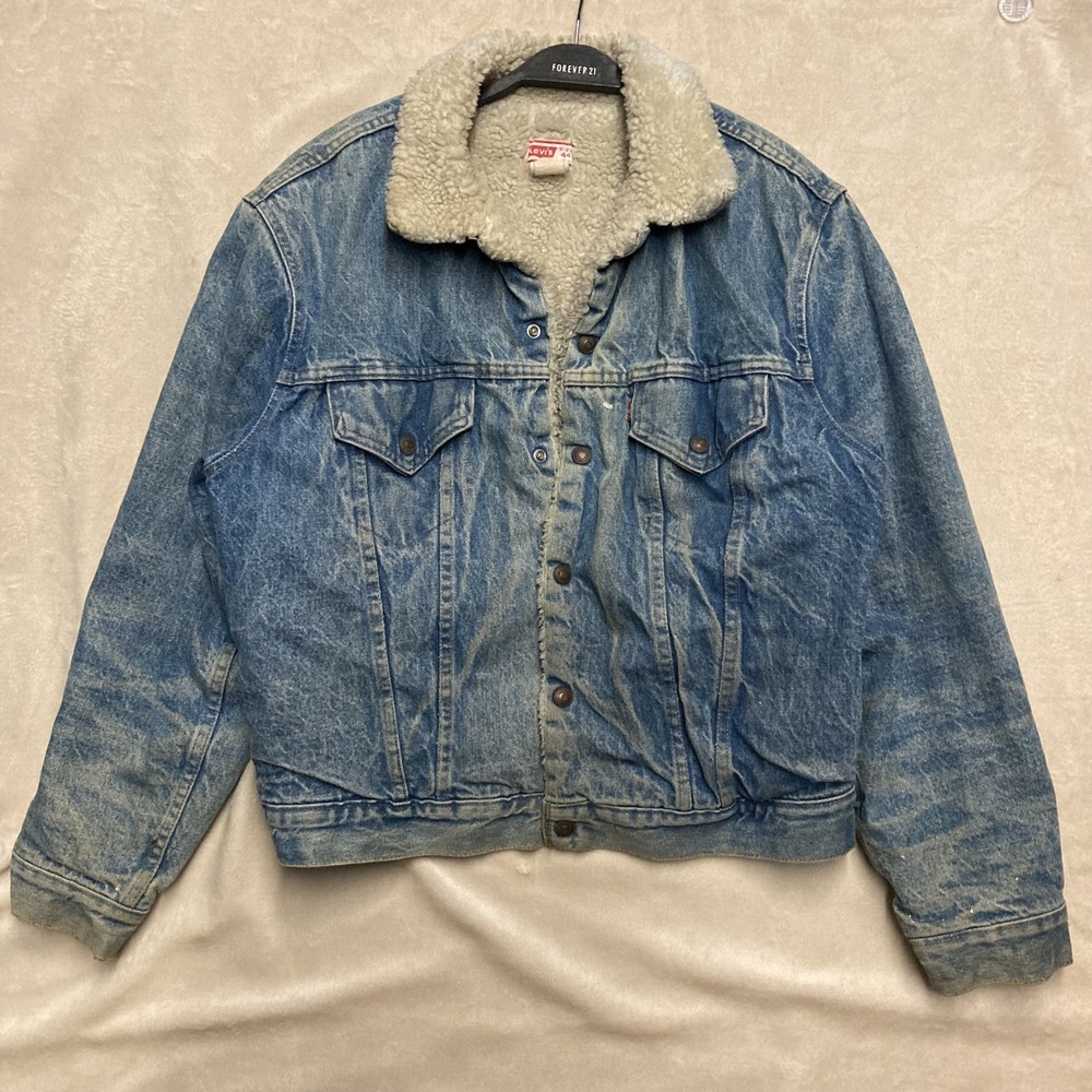 Vintage 80s Levi's Sherpa Lined Denim Jean Trucker Jacket Size L 44 Made In USA - Picture 1 of 6